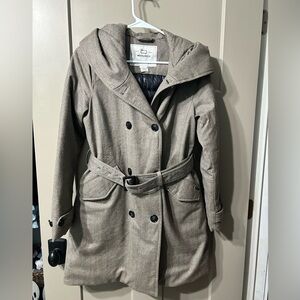 Woolrich Women's taupe Hooded double breasted Trench Coat Down Fabric made Italy